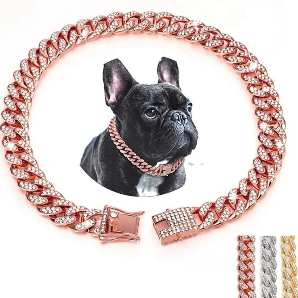 Rhinestone Chain Collar for Small Dogs, Rose Gold Dog Necklace Glitter Crystal S